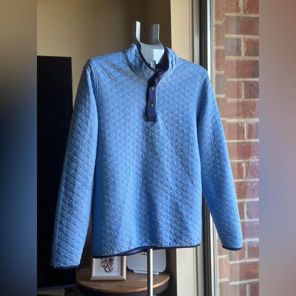 Blue Quilted Pullover with Button Collar